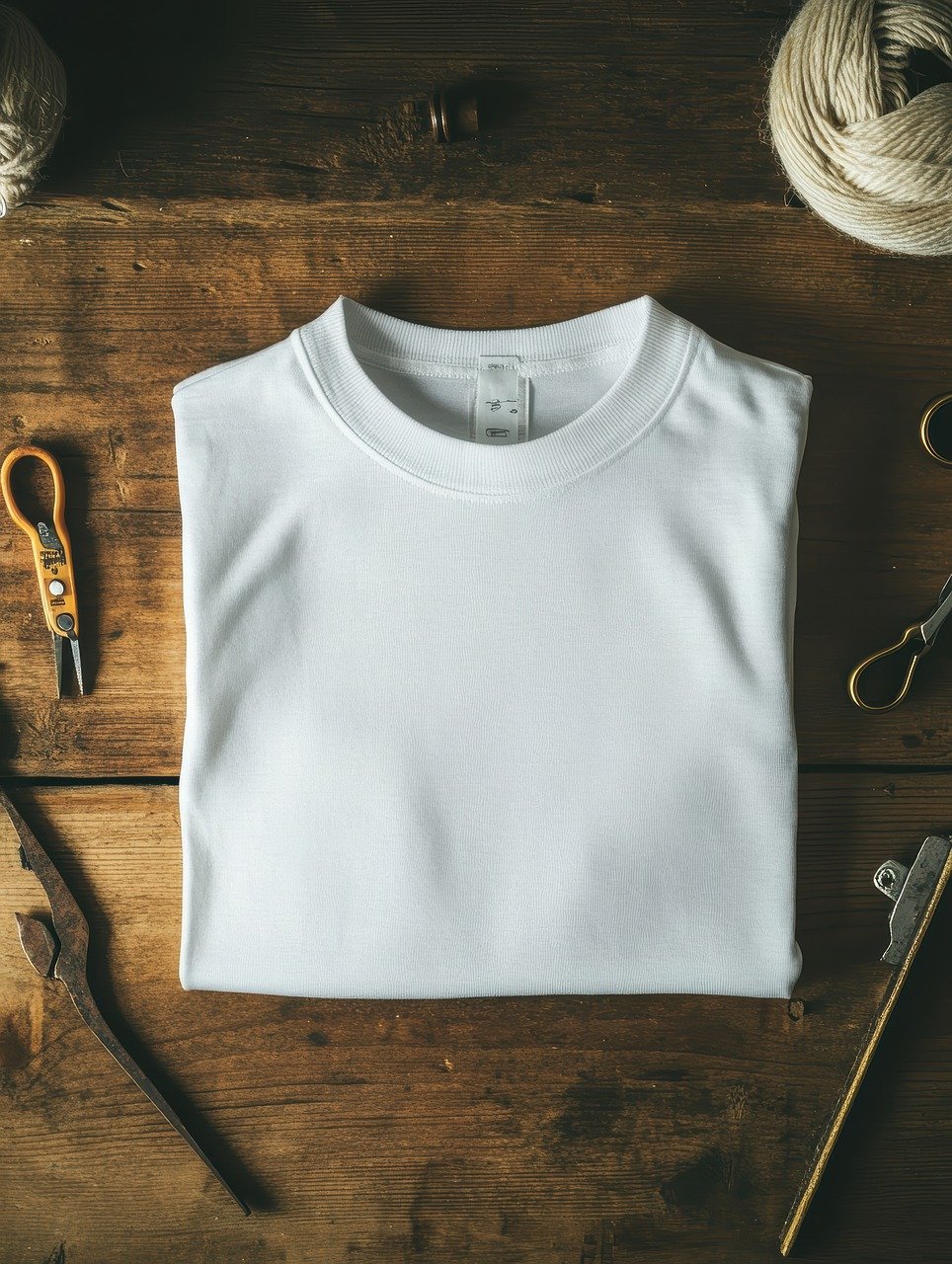 t-shirt, white t-shirt, t-shirt mockup, mockup, clothing, fashion, design, print on demand, merch, print template, t shirt template, casual, folding technique, wooden surface, atelier, craft, textile, material, creativity. creativefeellab